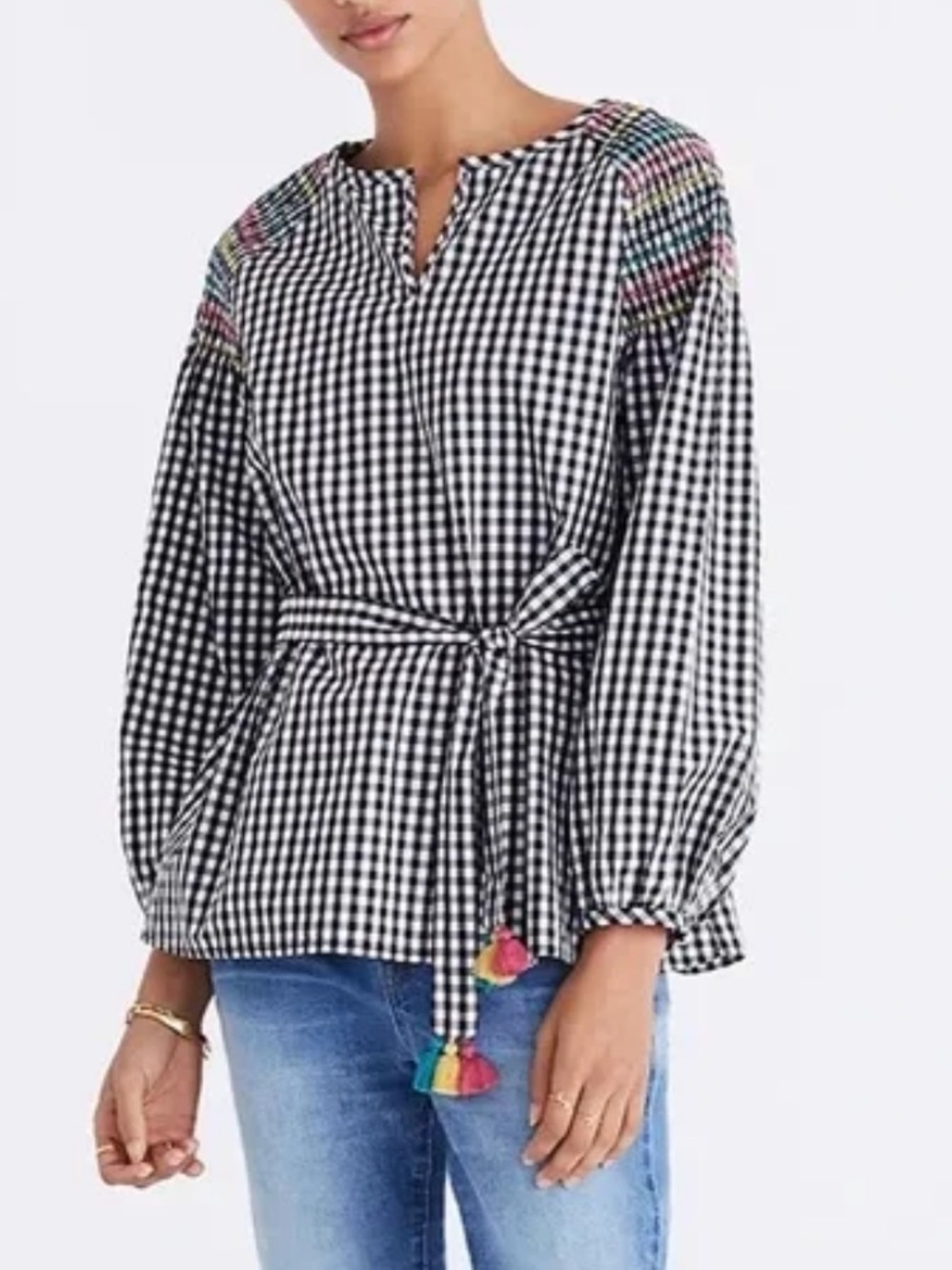 Madewell Smocked Gingham Top Tassel Black White Medium